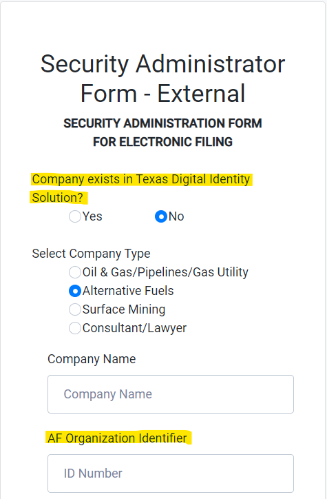 Security Administrator Form -External example