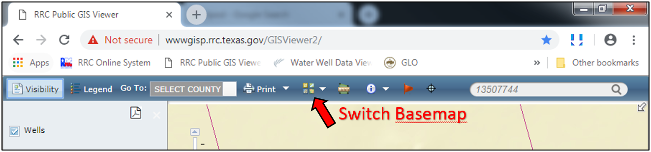 The basemap can be changed between a streets map, satellite imagery, topographic map, and other maps by clicking the “Switch Basemap” button and selecting the desired map