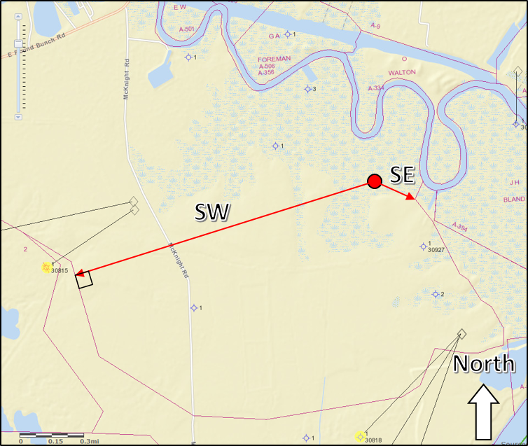 Example 5  the southwest measurement intersects a survey line at a right angle, whereas the southeast measurement intersects the corner of two survey lines.